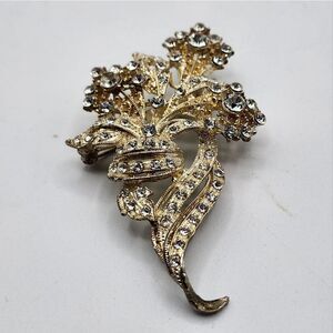 Vintage silver rhinestone flower & ribbon brooch